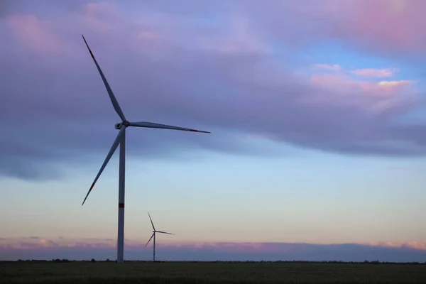 Prachtig Uitzicht Het Veld Met Windturbines Avond Alternatieve Energiebron — Stockfoto