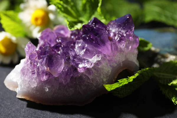 Beautiful Amethyst Camomile Flowers Table Closeup Healing Crystal — Stock Photo, Image