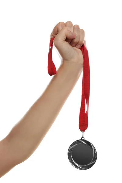 Woman Holding Silver Medal White Background Closeup Space Design — Stock Photo, Image