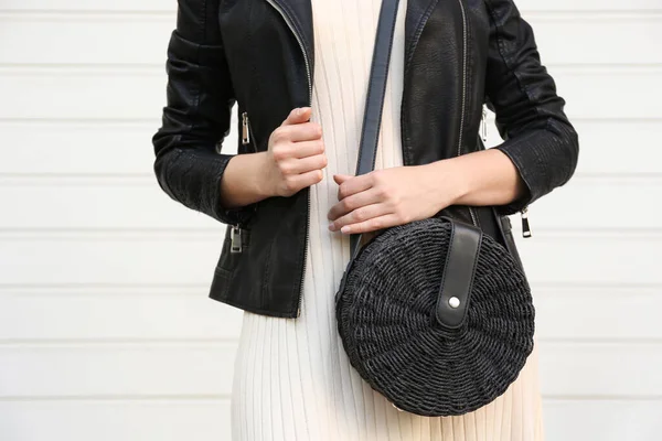 Young Woman Stylish Handbag White Wall Closeup — Stock Photo, Image