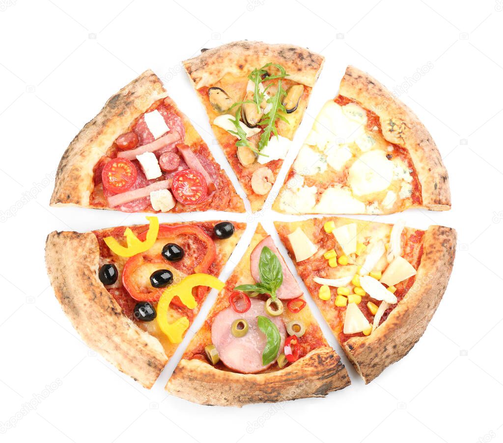 Slices of different delicious pizzas on white background, top view