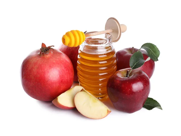 Honung Äpplen Och Granatäpplen Vit Bakgrund Judiska Nyåret Rosh Hashanah — Stockfoto
