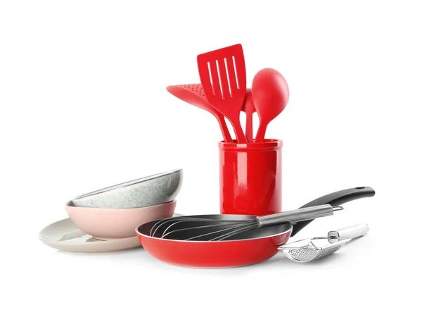 Set Different Cooking Utensils Dishes White Background — Stock Photo, Image