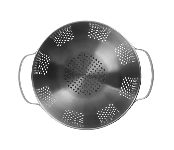 Modern Metal Colander Isolated White Top View Cooking Utensil — Stock Photo, Image