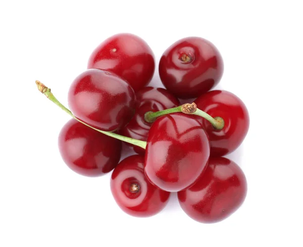 Bunch Juicy Cherries White Background Top View — Stock Photo, Image