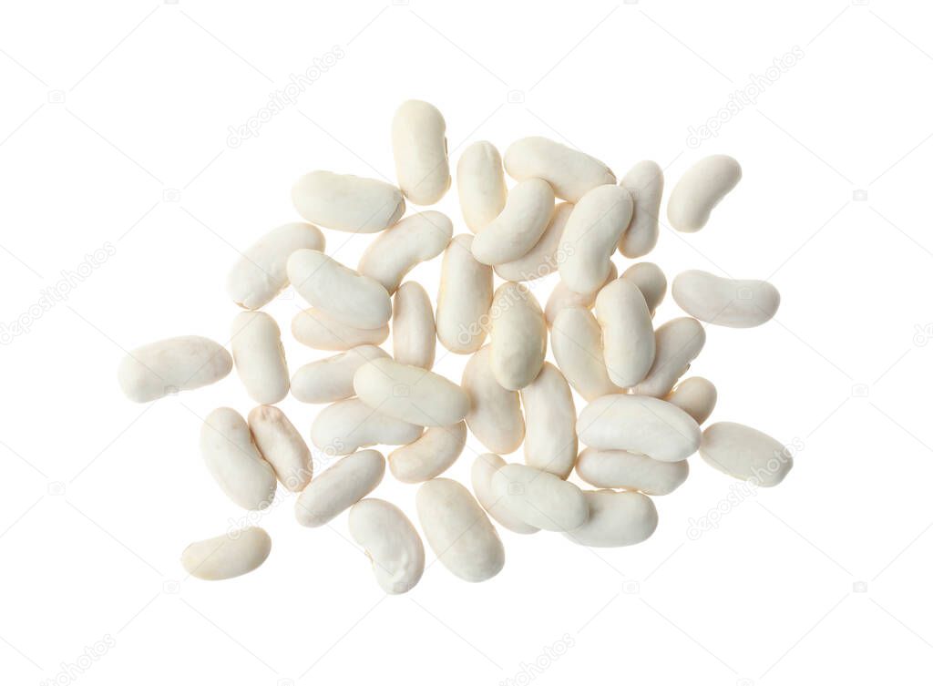 Pile of raw beans on white background, top view. Vegetable seeds