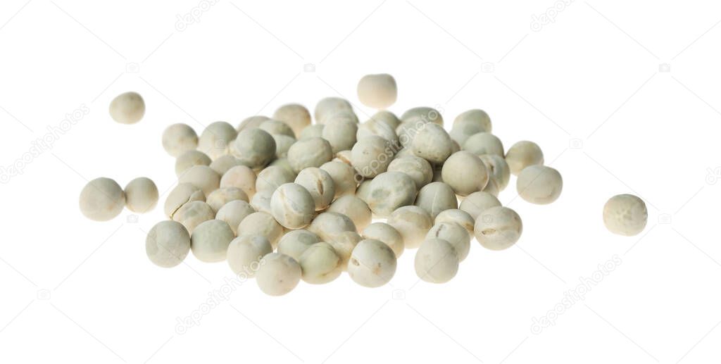 Pile of raw dry peas on white background. Vegetable seeds