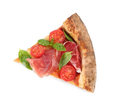 Lezzetli pizza dilimleri beyaza izole edilmiş, üst manzara