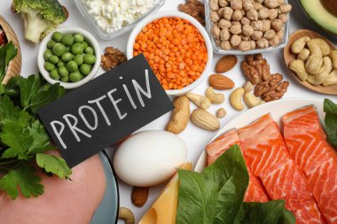 Beyaz zemin üzerinde kelime PROTEIN ve farklı ürünler içeren kart, düz yatıyordu