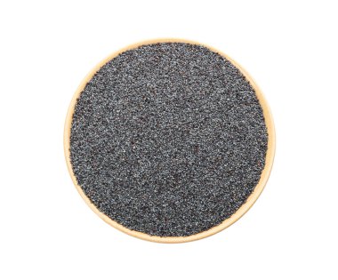 Kasedeki haşhaş tohumları beyaza izole edilmiş, üst manzara