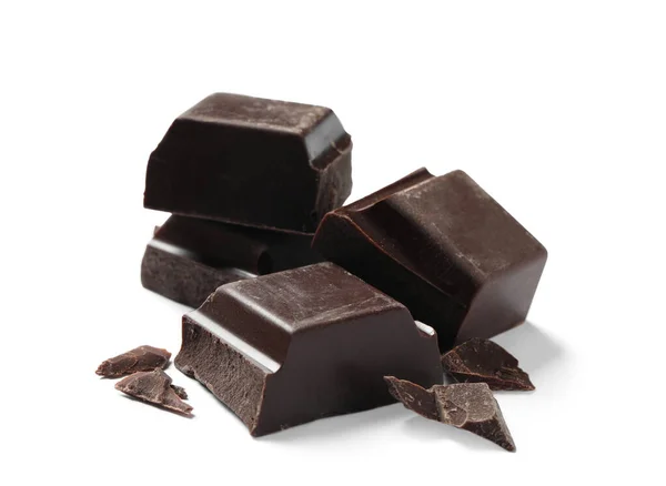 Trozos Delicioso Chocolate Negro Aislado Blanco — Foto de Stock