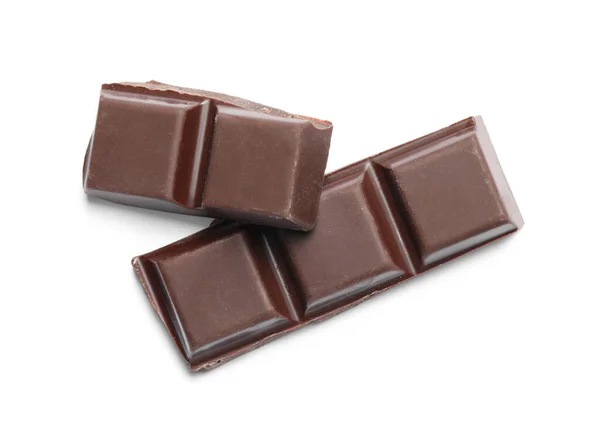 Pedaços Chocolate Escuro Delicioso Isolado Branco Vista Superior — Fotografia de Stock