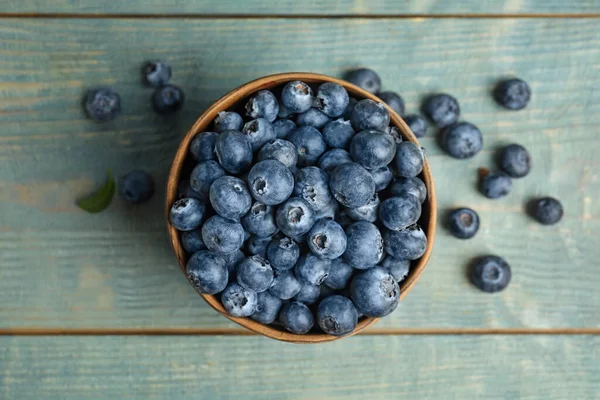 Verse Rijpe Bosbessen Schaal Houten Tafel Plat Gelegd — Stockfoto