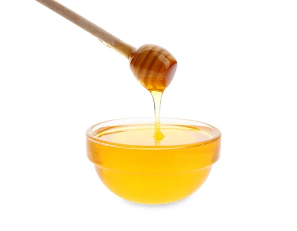 Μέλι Στάζει Από Dipper Μπολ Λευκό Φόντο — Φωτογραφία Αρχείου
