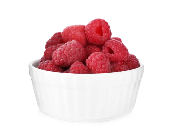 Delicious Fresh Ripe Raspberries Bowl Isolated White — Stock Photo, Image