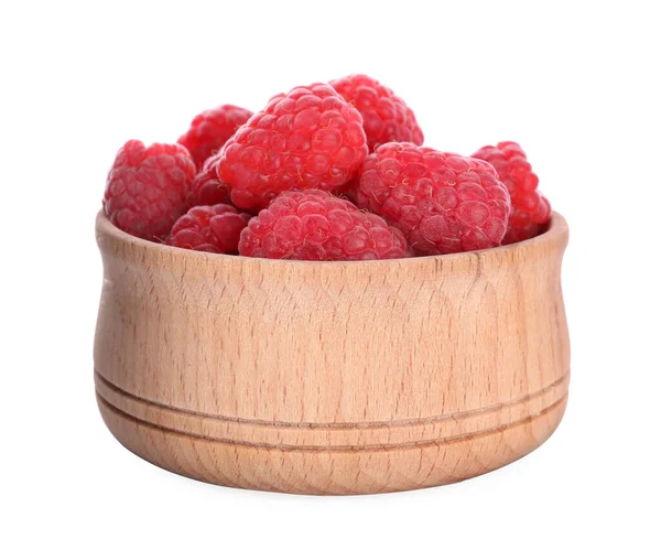 Delicious Fresh Ripe Raspberries Wooden Bowl Isolated White — Stock Photo, Image