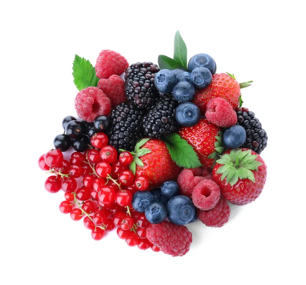 Mix Different Fresh Berries Isolated White Top View — Stock Photo, Image