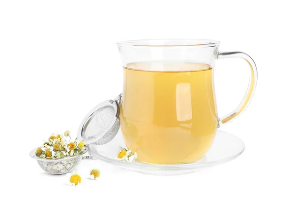 Fresh Chamomile Tea Dry Flowers Infuser Isolated White — Stock Photo, Image