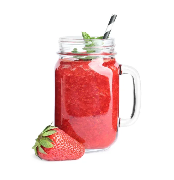 Leckerer Erdbeer Smoothie Mit Minze Einmachglas Isoliert Auf Weiß — Stockfoto