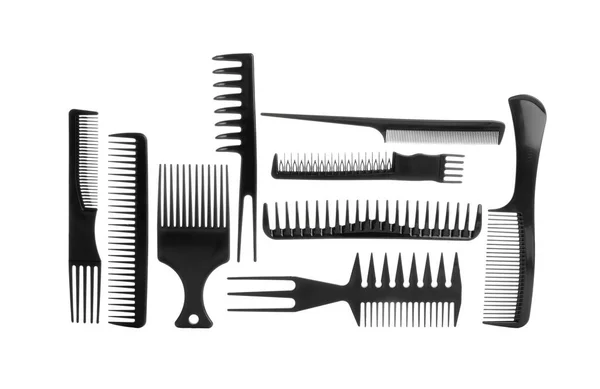 Набор Профессиональных Расчёсок Волос Изолированных Белом Вид Сверху — стоковое фото