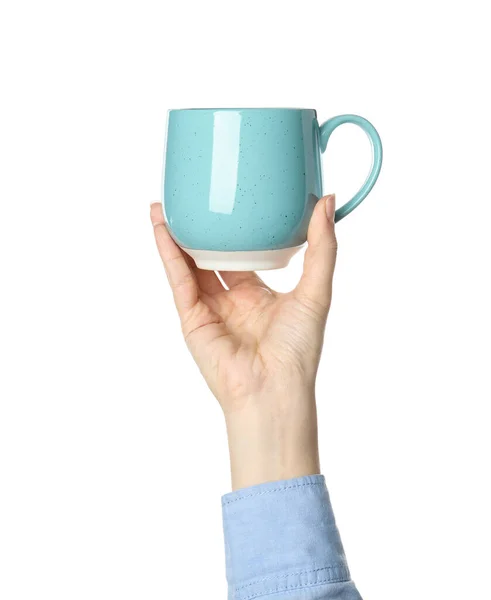 Mujer Sosteniendo Taza Azul Claro Sobre Fondo Blanco Primer Plano —  Fotos de Stock