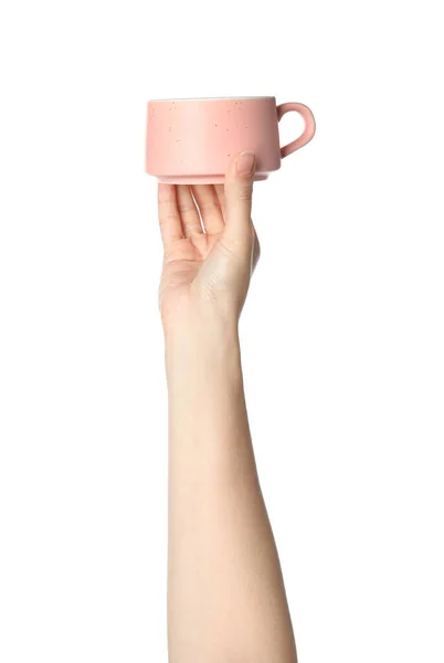 Женщина Держит Розовую Керамическую Чашку Белом Фоне Крупным Планом — стоковое фото