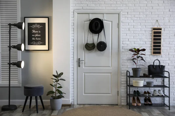 Hallway Interior Stylish Furniture Shoes Plants — Stock Photo, Image