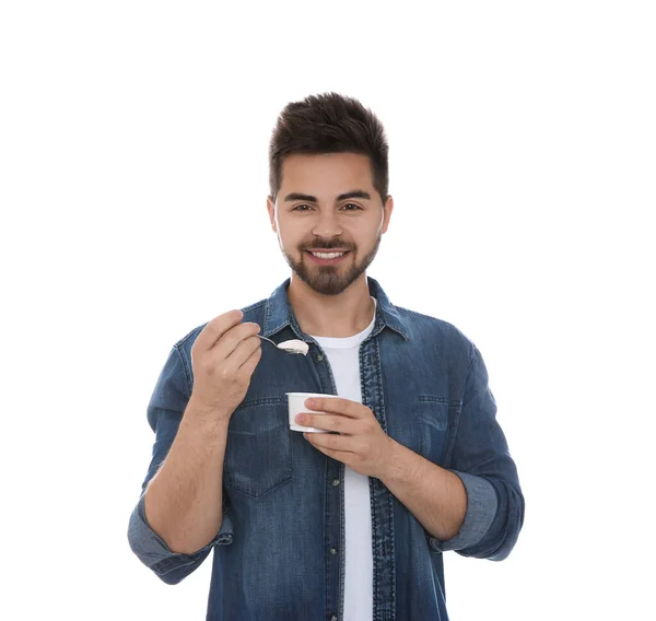 Happy Young Man Yogurt Spoon White Background — Stock Photo, Image