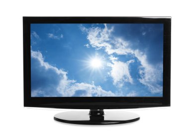 Beyaz arkaplanda gökyüzü olan modern plazma TV