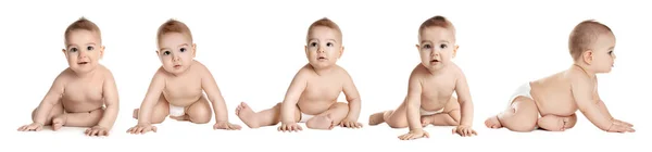 Collage Met Foto Van Schattige Baby Kruipen Witte Achtergrond Banner — Stockfoto