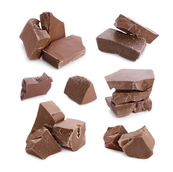 Set Med Bitar Läcker Choklad Vit Bakgrund — Stockfoto