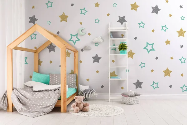 Stylish Child Room Interior Comfortable Bed — Stock Photo, Image