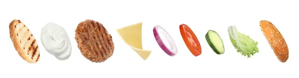 Lezzetli Hamburgerler Için Beyaz Arka Planda Bir Takım Malzemeler Pankart — Stok fotoğraf