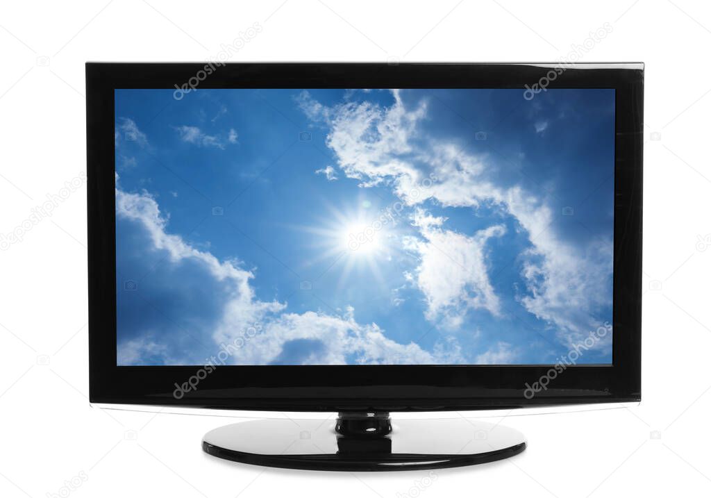 Modern plasma TV with skyscape on screen against white background