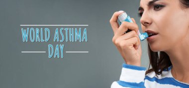 World asthma day. Young woman using inhaler on grey background, banner design clipart