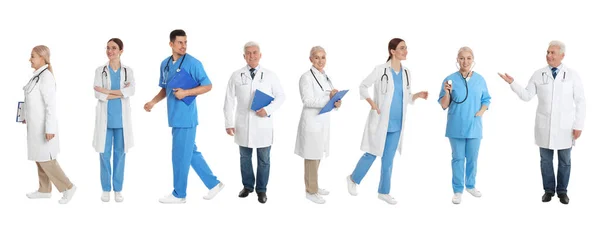 Beyaz Arkaplandaki Doktorların Fotoğraflarıyla Kolaj Afiş Tasarımı — Stok fotoğraf