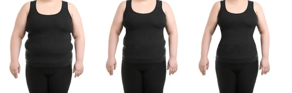 Collage Photos Overweight Woman Weight Loss White Background Closeup Banner — Stock Photo, Image