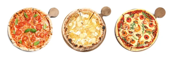 Conjunto Com Diferentes Pizzas Saborosas Fundo Branco Vista Superior Design — Fotografia de Stock