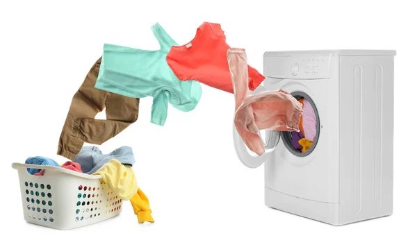 Washing Machine Flying Clothes White Background — Stock Photo, Image