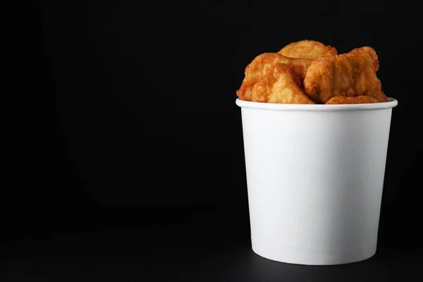 Bucket Delicious Chicken Nuggets Black Background Space Text — Stock Photo, Image