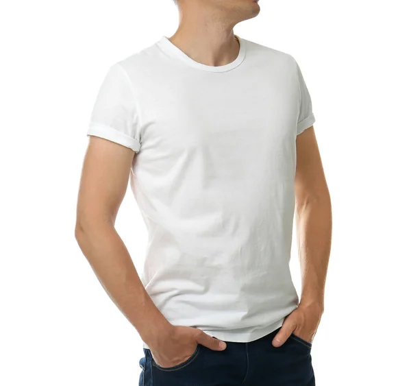 Man Shirt Vit Bakgrund Närbild Utformningsutrymme — Stockfoto