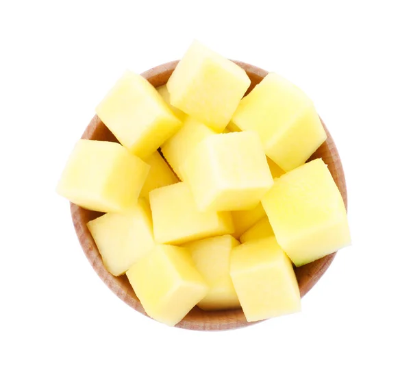 Tasty Mango Cubes Wooden Bowl Isolated White Top View — Stock Photo, Image