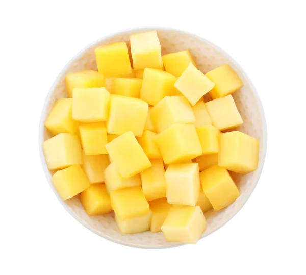 Lekkere Mango Blokjes Keramische Schaal Geïsoleerd Wit Bovenaanzicht — Stockfoto