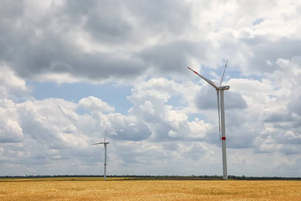 Moderne Windturbines Het Veld Bewolkte Dag Alternatieve Energiebron — Stockfoto