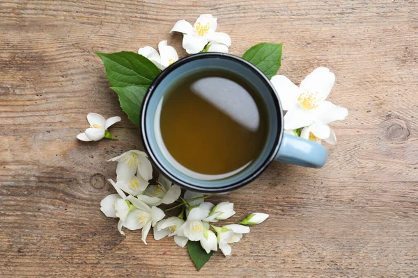 Cup Tea Fresh Jasmine Flowers Wooden Table Flat Lay — Stock Photo, Image