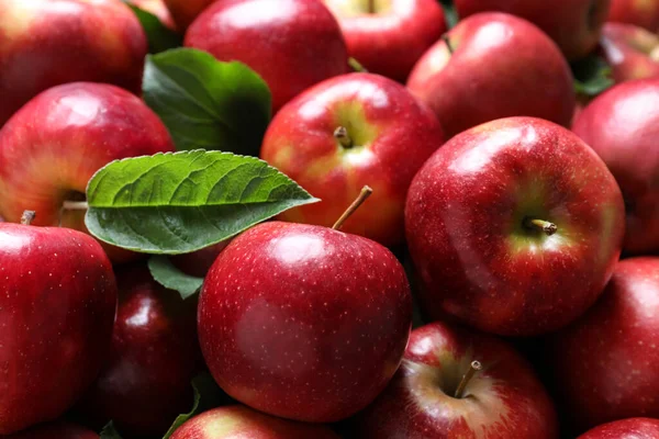 Högen Med Välsmakande Röda Äpplen Med Blad Som Bakgrund Närbild — Stockfoto