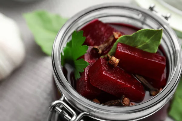 Delicious pickled beets in jar, closeup view — Stock Image Delicious Pickled Beets Jar Closeup View Stock Image
