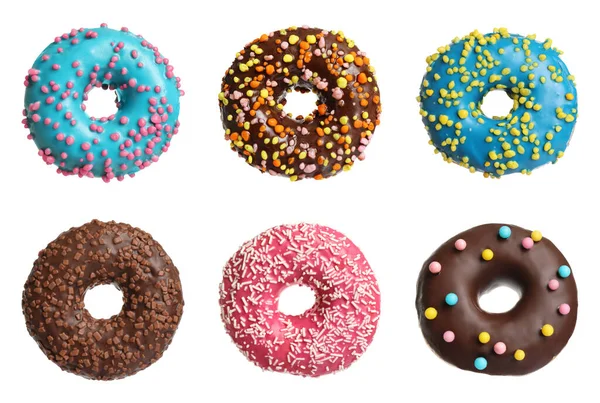 Set Mit Köstlichen Glasierten Donuts Auf Weißem Hintergrund — Stockfoto