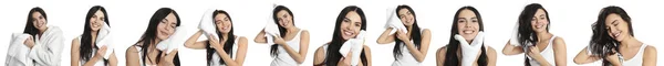 Collage Mujer Con Toalla Sobre Fondo Blanco Diseño Banner — Foto de Stock