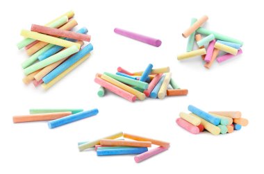 Beyaz arkaplanda renkli tebeşir parçaları ile ayarlandı